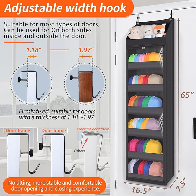 Toread 7-Layer Door-Mounted Baseball Cap Organizer, Dust-Proof Hat Rack Holds 90 Hats, Adjustable Non-Slip Hooks, Multi-Purpose Organizer for Nursery, Bathroom, Bedroom - Patented Design（black）