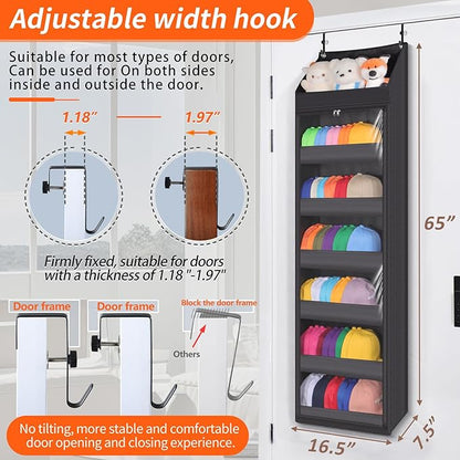 Toread 7-Layer Door-Mounted Baseball Cap Organizer, Dust-Proof Hat Rack Holds 90 Hats, Adjustable Non-Slip Hooks, Multi-Purpose Organizer for Nursery, Bathroom, Bedroom - Patented Design（black）