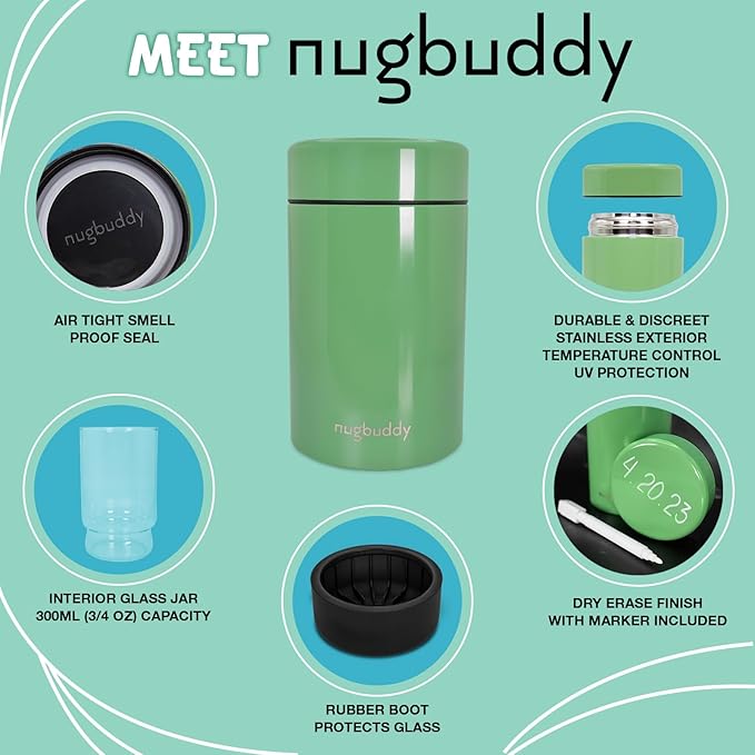 Nugbuddy Airtight Storage Container - Vacuum Sealed Insulated w Nested Glass Jar - UV Protection, Temperature Controlled Stainless - Stays Fresh - Whiteboard Finish w Marker Included - 300 ml (3/4 Oz)