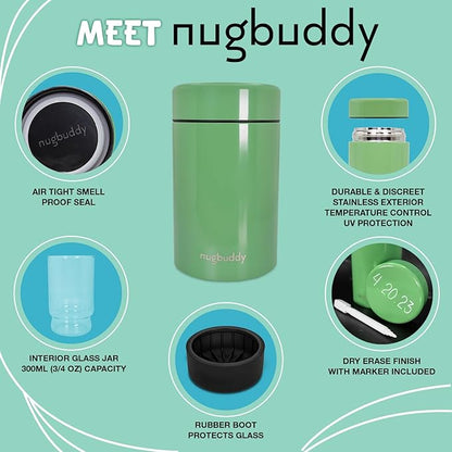 Nugbuddy Airtight Storage Container - Vacuum Sealed Insulated w Nested Glass Jar - UV Protection, Temperature Controlled Stainless - Stays Fresh - Whiteboard Finish w Marker Included - 300 ml (3/4 Oz)