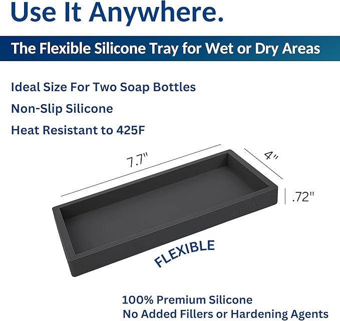 Spacewiser Countertop and Vanity Tray – Small 7.7” Silicone Tray, Soap Dispenser Trays, Bathroom Trays, Kitchen Soap Holder Sink Organizer Counter Caddy for Soaps Bottle Keys, Sponge Holder Dish Black