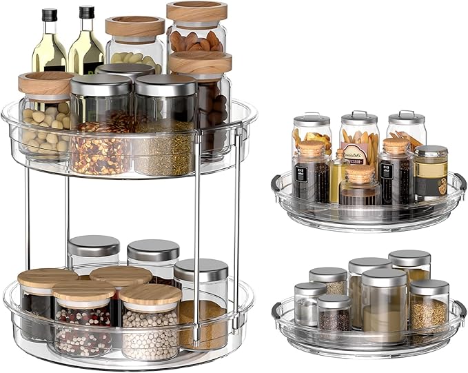INCOSTAR 2 Pack Lazy Susan Organizer 9.25''and 11.81'' Two-Tier Lazy Susan Turntable for Cabinet, Spice Rack, and Pantry Storage - Spinning Makeup Organizer for Bathroom, Clear