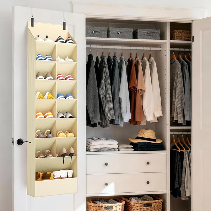 Lifewit 8 Tier Over the Door Shoe Organizer with 15 Large Deep Pockets, Fabric Hanging Shoes Shelf for Closet, Dorm Storage, Fit Up to 16 Pair Shoe Rack Holder for Sneakers, Boots, Beige
