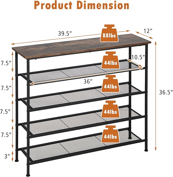 Tangkula 5-Tier Metal Shoe Rack, Freestanding Shoe Storage Organizer with Flat Mesh Shelf & Wooden Top for 16-20 Pairs, Industrial Shoe Storage Rack for Entryway, Hallway, Living Room, Rustic Brown