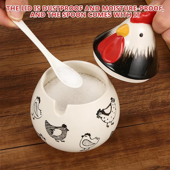 Ceramic Salt Cellar, 15.8 oz Chicken Shaped Salt Cellar with Lid and Spoon – Airtight Countertop Decor Container, Food-Grade Seasoning Holder for Spices/Sugar/Pepper Storage(Black)