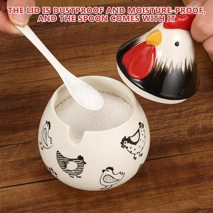 Ceramic Salt Cellar, 15.8 oz Chicken Shaped Salt Cellar with Lid and Spoon – Airtight Countertop Decor Container, Food-Grade Seasoning Holder for Spices/Sugar/Pepper Storage(Black)