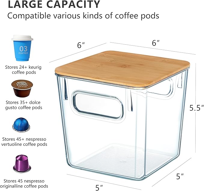 Qilinba 3 PACK Coffee Pod Holder K Cup Organizer Large Capacity Clear Storage Container Bins with Bamboo Lids for Coffee Bar Organization and Storage