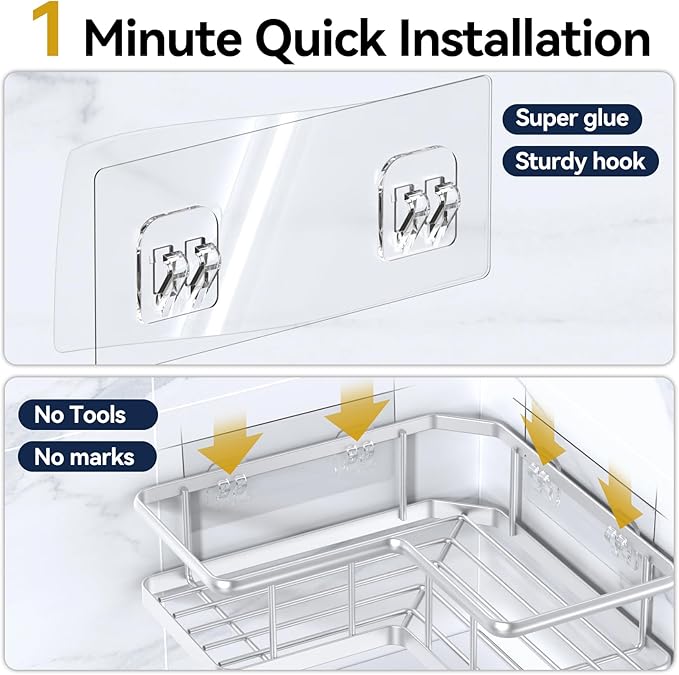 YASONIC Shower Caddy Corner, 2-Pack Adhesive Rustproof Stainless Steel Shower Shelves with Soap Holder, No Drilling Shower Organizer Corner for Dorm, Renters Bathroom Silver