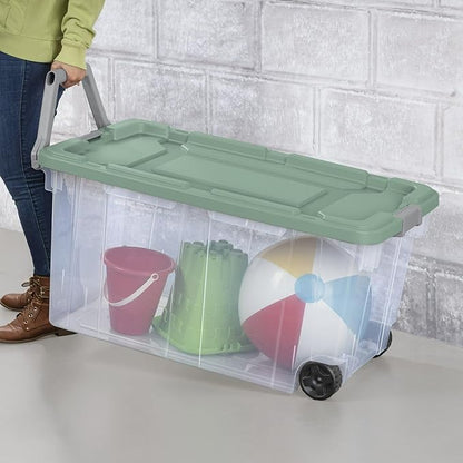 Extra Large Storage Bin, 40 Gallon Wheeled Plastic Storage Container with Handle,Pack of 2 (Clear/Green)
