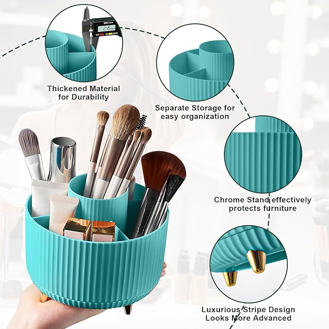 Diesisa 360 Rotating Makeup Brush Organizer With 5 Sections, Spining Countertop Swivel Makeup Brush Holder for Cosmetics, Nail Polish, Art Supply, Bathroom Vanity Desktop Organizer - Blue