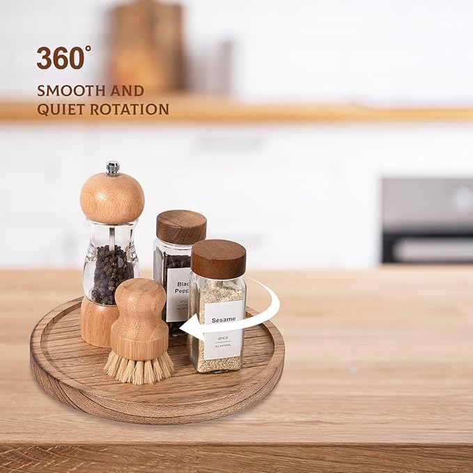 Wood Lazy Susan Organizer Kitchen Turntable for Cabinet Farmhouse Bathroom Decor Round Decorative Tray for Vanity, Counter, Sink, Coffee Table, 9 Inch, Brown