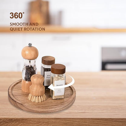 Wood Lazy Susan Organizer Kitchen Turntable for Cabinet Farmhouse Bathroom Decor Round Decorative Tray for Vanity, Counter, Sink, Coffee Table, 9 Inch, Brown