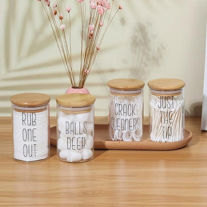 4 Pack Qtip Holder Glass Dispenser with Bamboo Lids for Bathroom Organization, Apothecary Jars for Cotton Ball Holder and Bathroom Canister Storage Great for Cotton Swabs, Balls, Floss, Bathroom Décor