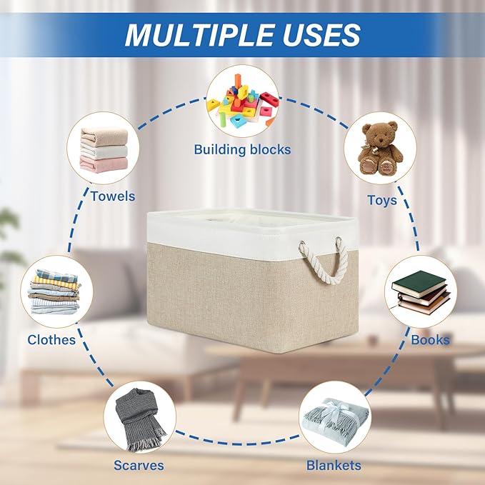 Temary Fabric Storage Baskets 4Pack Storage Bins Decorative Basket for Gift, Clothes Bin with Rope Handle, Rectangle Baskets for Storage, Blankets(White&Khaki,15x11x9.5 inch)