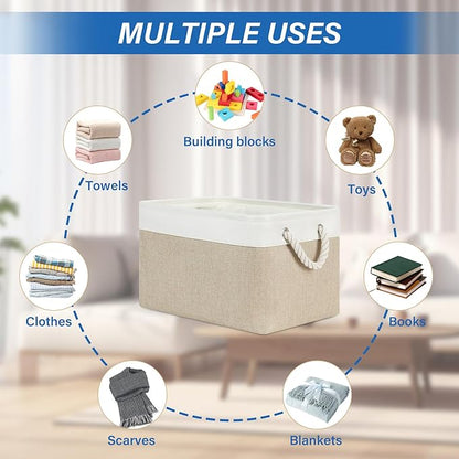 Temary Fabric Storage Baskets 4Pack Storage Bins Decorative Basket for Gift, Clothes Bin with Rope Handle, Rectangle Baskets for Storage, Blankets(White&Khaki,15x11x9.5 inch)