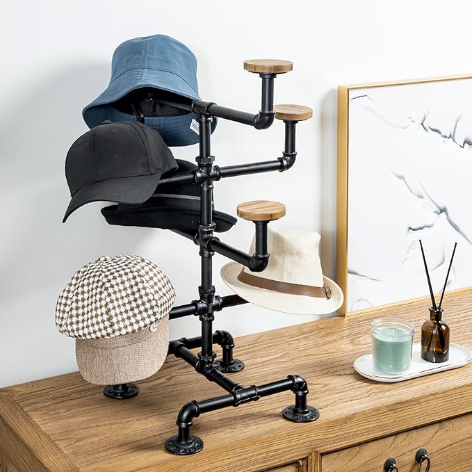MyGift Hat Display Stand, Cowboy Hat Holder Rack with 8 Round Rustic Burnt Solid Wood Hangers, Countertop Retail Display Stand for Baseball Cap or Wig, Industrial Black Metal Pipe