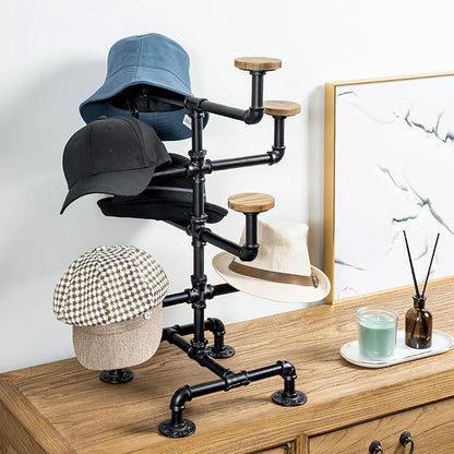 MyGift Hat Display Stand, Cowboy Hat Holder Rack with 8 Round Rustic Burnt Solid Wood Hangers, Countertop Retail Display Stand for Baseball Cap or Wig, Industrial Black Metal Pipe