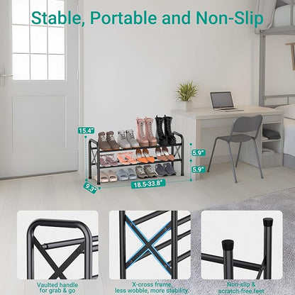 YEASHEIN 2-Tier Expandable Shoe Rack for Closet Floor, X-Frame Metal Small Shoe Rack for Entryway, Adjustable Shoe Shelf Organizer, Free Standing Shoe Racks for Front Door Entrance, Garage - Black