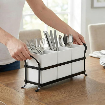 Utensil Holder with Drain Holes, Real Resin Silverware Caddy for Party Countertop,Cutlery Holders Silverware organizer for Spoon and Fork, White Black