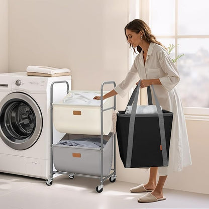 STORAGE MANIAC 80 Liters Vertical Rolling Laundry Hamper, 2 Section Laundry Sorter with Wheels and 2 Breaks, 2-tier Laundry Baskets for Small Space, Dorm, Laundry Room, Closet, Multicolored 2-tier