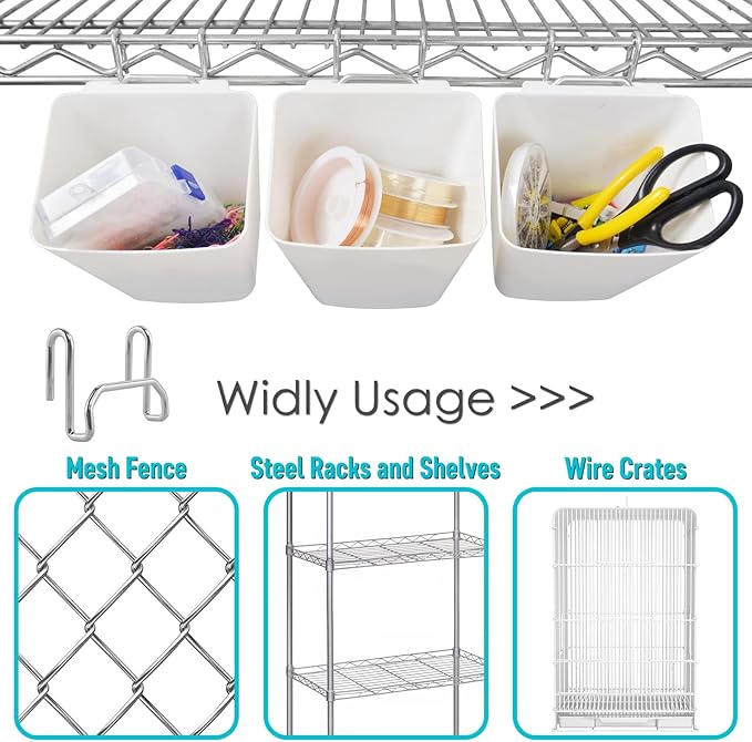 G.CORE Large Grid Wall Bins - 6Pack White Gridwall Accessories Hanging Cups with Back Hooks - Plastic Grid Wall Panels Organizers Wire Shelves Holders for Garage Garden Craft Office Tools Storage
