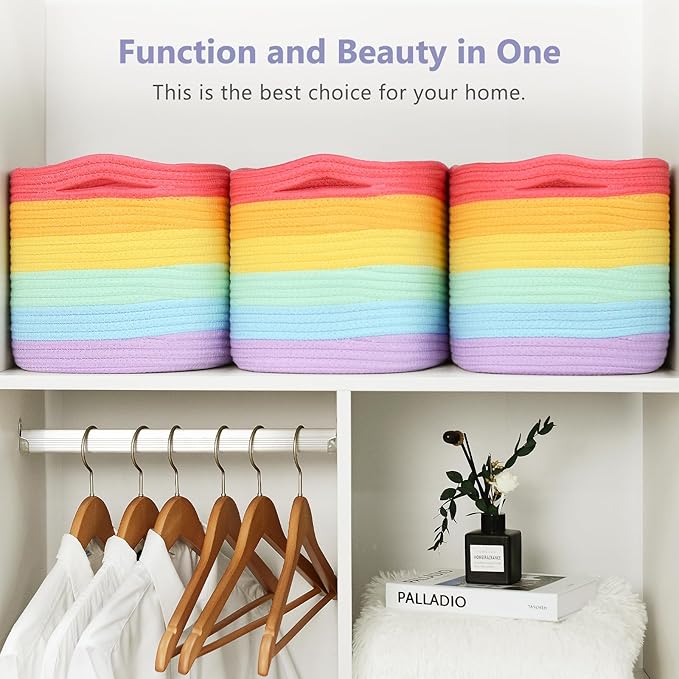 ECDYQXVU Cotton Rope Storage Basket, 15x10x9 Inches, Woven Basket for Shelves, Clothes, Towels, Books, and Laundry, Rainbow (3 Pack)