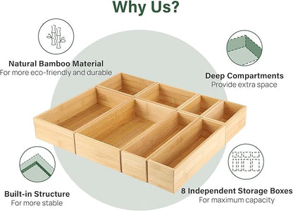 Kootek 8 Pcs Bamboo Drawer Organizer Utensil Tray Kitchen Storage Box 4-Size Versatile Dividers Cutlery Holders Bins Containers for Flatware Kitchen Utensils