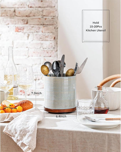 Utensil Holder, 360° Rotating Extra Large Ceramic Kitchen Utensil Holder for Countertop, 7.3" Cooking Utensil Crocks with Rotatable Wooden Base, Farmhouse Decor, Dusty Gray
