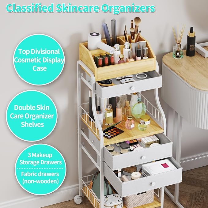 HapiRm Floor Makeup Organizer Cart - Vanity Skincare Beauty Organizers Makeup Storage with Drawers, Cosmetics Display Cases Holder Nail Cart for Hair Accessories Polish Perfume Make up Brush
