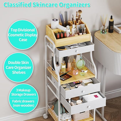 HapiRm Floor Makeup Organizer Cart - Vanity Skincare Beauty Organizers Makeup Storage with Drawers, Cosmetics Display Cases Holder Nail Cart for Hair Accessories Polish Perfume Make up Brush