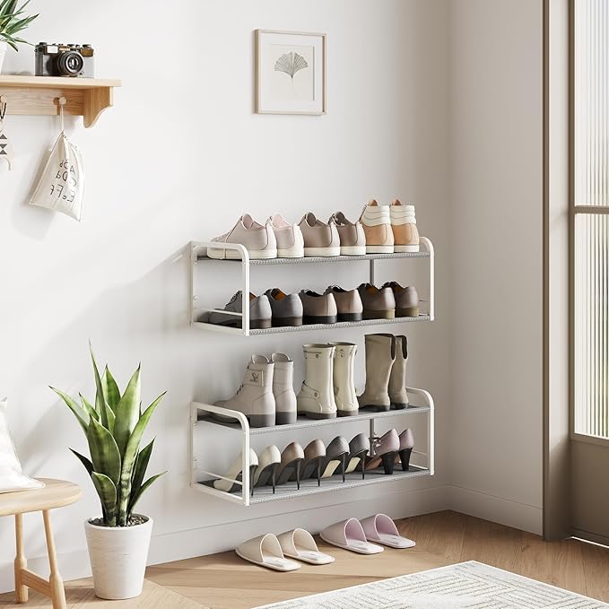 2 Pack Wall Mounted Shoe Rack, Carbon Steel Shoe Organizer with Removable Oxford Cloth, Non-Slip Space-Saving for Entryway Closet Bedroom, White