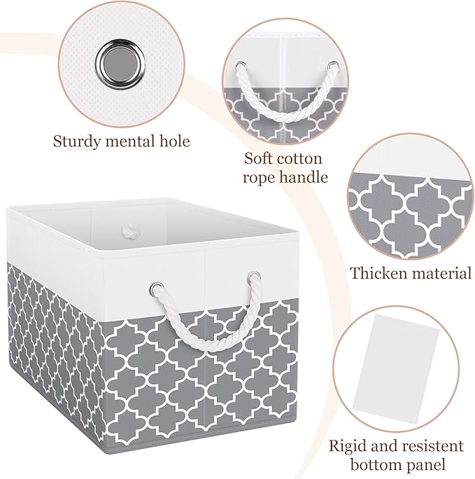 Fab totes Storage Bins 4-Pack, Foldable Storage Baskets for Organizing Toys, Books, Shelves, Closet, Large Storage Box with Rope Handles, Sturdy Organizer Bins,Clover Grey