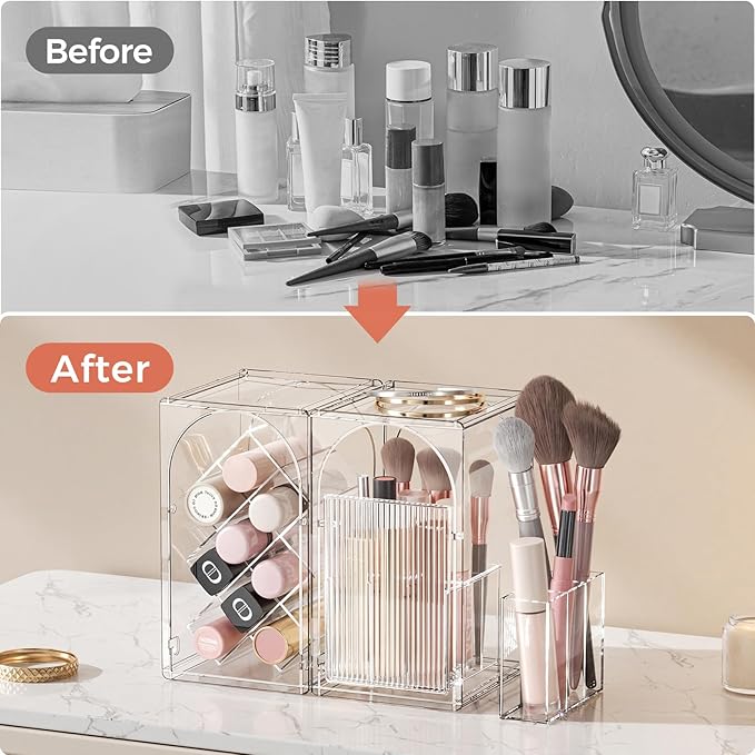 INVSSENE Stackable Makeup Organizer Countertop, Storage Perfume Skincare Cosmetic Lipstick Face Mask Makeup Brush Palettes, Ideal for Vanity Bathroom Counter