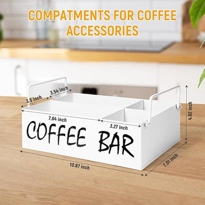 Coffee Station Organizer with Handles, Metal Coffee Bar Accessories Organizer for Countertop, Pod Holder Basket for Sugar Tea - White Table Decor