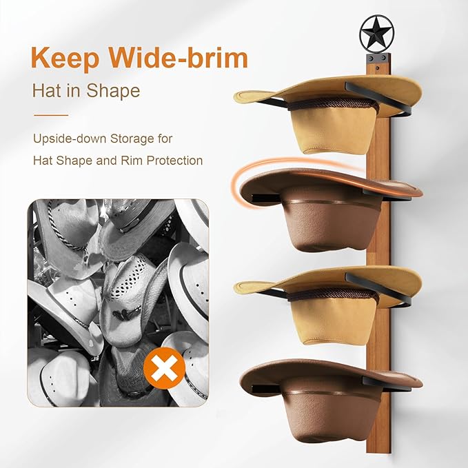 Cowboy Hat Rack, 4-Piece Western Hat Rack For Wall with Natural Wooden Board, Gift Cowboy Hat Holder for Wall Décor Keeps Original Shape of Hat