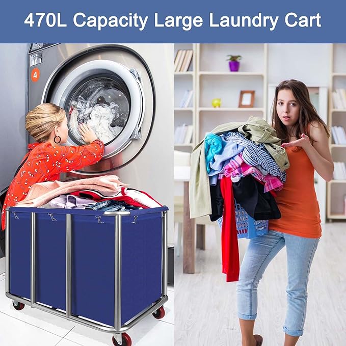 Commercial Laundry Cart with Wheels, 470L Industrial Rolling Laundry Basket, Large Heavy Duty Laundry Sorter with Watertight Oxford Bag & Sturdy Steel Frame for Home, Hotel, Hospital, 440 lbs (Blue)