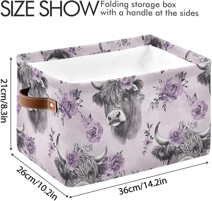Large Storage Basket Highland Cow Purple Flower Storage Bin Cube Canvas Fabric Organizer Handles Collapsible for Clothes Toys Bedroom Decorative