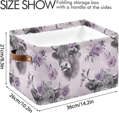 Large Storage Basket Highland Cow Purple Flower Storage Bin Cube Canvas Fabric Organizer Handles Collapsible for Clothes Toys Bedroom Decorative