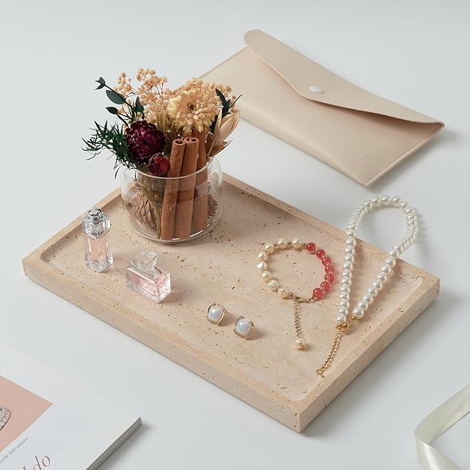 Real Luxurious Natural Travertine Tray - 12x8 Inch Marble Vanity Tray for Perfume Display, Jewelry Organizer, Bathroom & Home Decor -Heavy Duty Non-Slip Stone Tray (Non-Resin/Non-Ceramic)