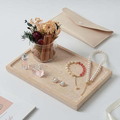 Real Luxurious Natural Travertine Tray - 12x8 Inch Marble Vanity Tray for Perfume Display, Jewelry Organizer, Bathroom & Home Decor -Heavy Duty Non-Slip Stone Tray (Non-Resin/Non-Ceramic)