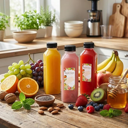 TOMNK 12pcs Juice Bottles, 16oz Reusable Plastic Juice Bottles with Caps and Labels, Funnel, Brush Beverage Containers for Juicing, Smoothies, Tea, Milk