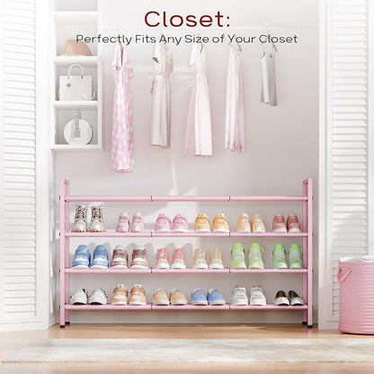 Bumusty 4-Tier Long Expandable Shoe Rack for Closet, 18"-44" Adjustable Shoe Rack for Entryway, 20-24Pairs Large Shoe Organizer Shelf Storage, Sturdy Metal, Black