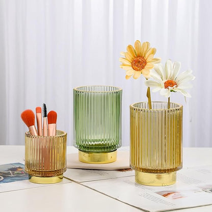 WHJY Modern Minimalist Striped Clear Yellow Glass Cosmetic Organizer, 5 Inch Lipstick Holder
