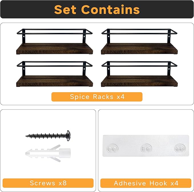 4-Tier Wall Mount Spice Rack Organizer- Screw/Adhesive Mount, Black Metal & Wood Spice Storage for Kitchen Pantry Cabinet, 11.6”W x 2.4”D x 3.2”H, Spice Jars Not Included