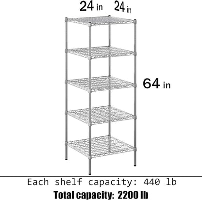 24" Deep x 24" Wide x 64" Height Wire Shelving Kit | 5-Tier | NSF Commercial Storage Rack Unit