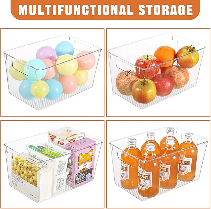 Freebat 12 Pack Large Clear Plastic Storage Bins,Plastic Containers with Handle for Pantry Organizer and Storage,Perfect for Kitchen,Fridge,Cabinet, Closet,Bathroom Under Sink Storage