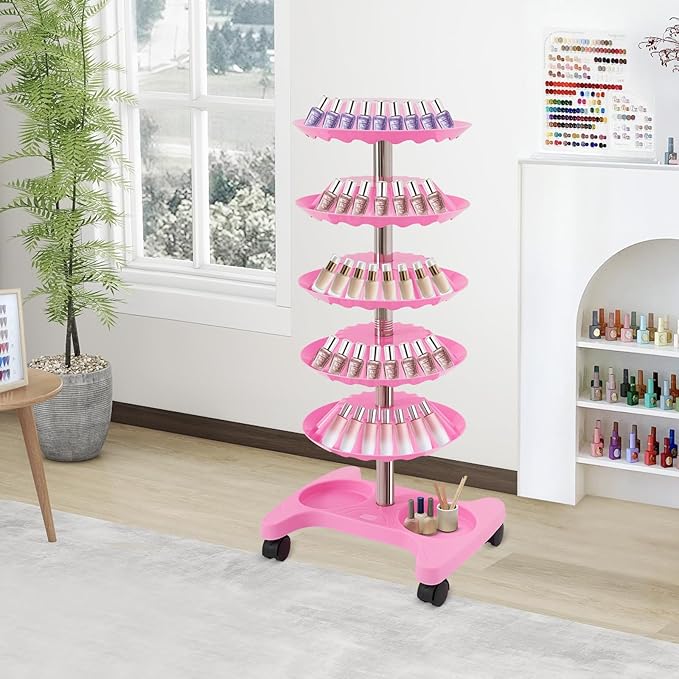 Nail Polish Trolley Display Stand, 5 Tiers Nail Polish Spinning Rack with Wheels, Hold up 120 bottles, Freestanding Nail Polish Storage Racks for Nail Salons, Home (Pink)
