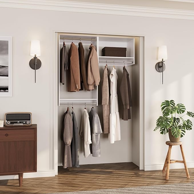 ROOMTEC Modular Closet System, 49" Wall-Mounted Closet Organizer with Hanging Rods, Wooden Tower for Walk-In Closets, Wardrobe Storage Kit, White