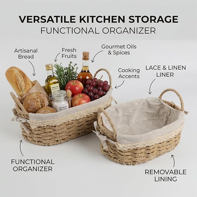 2 Pcs Wicker Basket, Small Woven Storage Baskets with Handles & Liner, Oval Boho Paper Rope Cute Baskets for Gift, Decor, Pantry, Shelf, Table Organizer