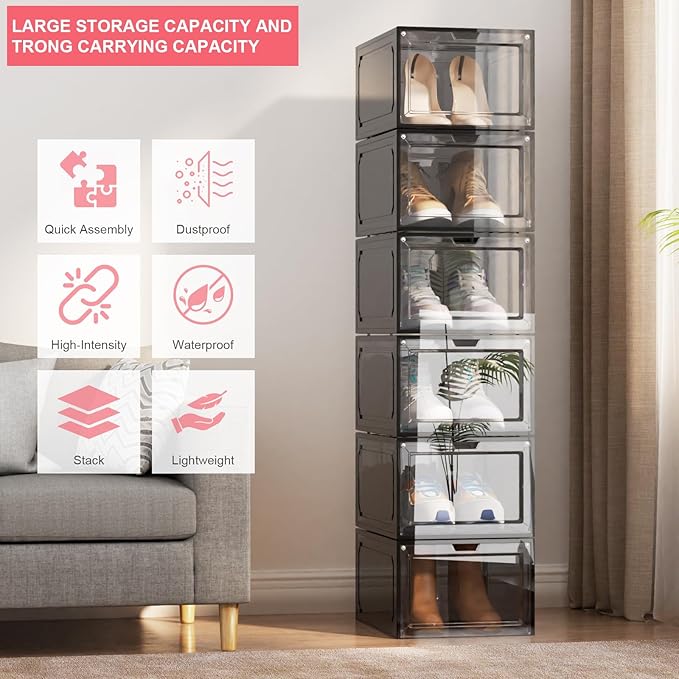 Shoe Box,Set of 6,Stackable Plastic Clear Shoe Box Organizer with Magnetic Door,Shoe Storage Box Thicken Sturdy,Easy Assembly,Fit up to US Size(Front opening door, Black)